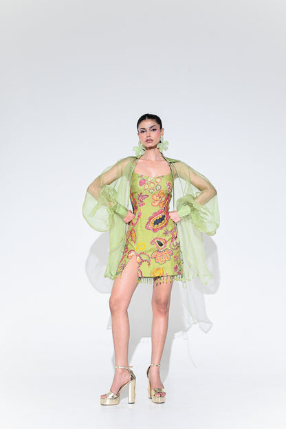 OLIVE EMBROIDERED DRESS WITH ORGANZA SHRUG