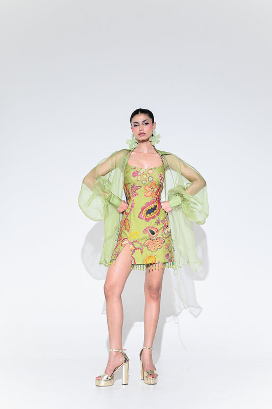 OLIVE EMBROIDERED DRESS WITH ORGANZA SHRUG