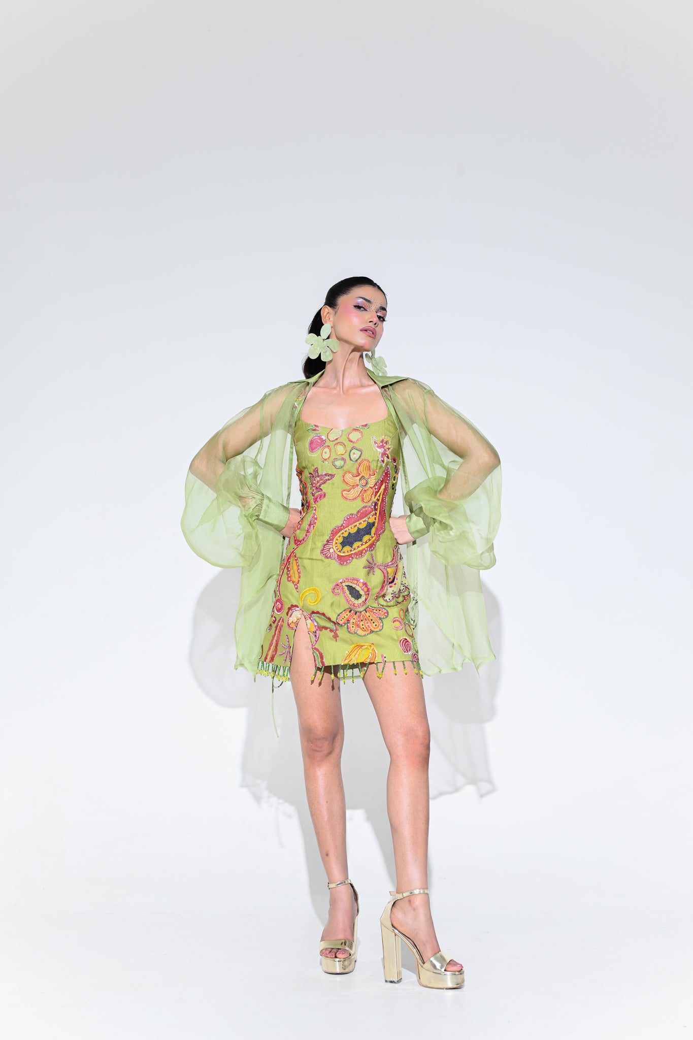 OLIVE EMBROIDERED DRESS WITH ORGANZA SHRUG