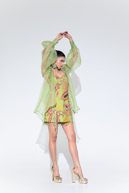 OLIVE EMBROIDERED DRESS WITH ORGANZA SHRUG