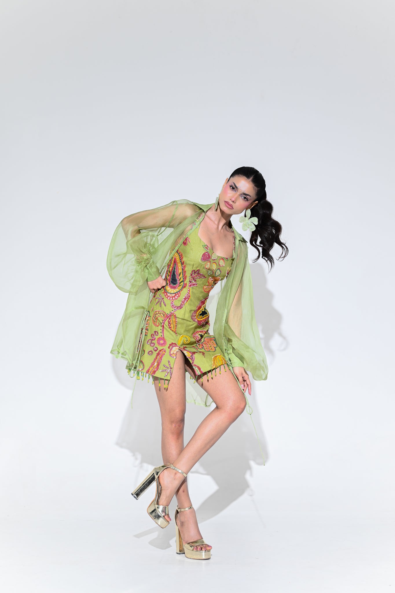 OLIVE EMBROIDERED DRESS WITH ORGANZA SHRUG