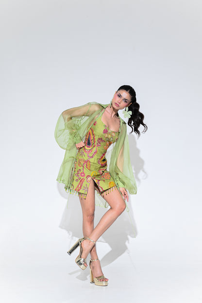 OLIVE EMBROIDERED DRESS WITH ORGANZA SHRUG