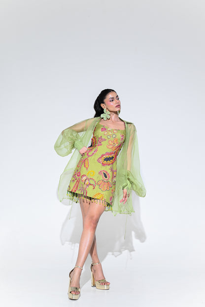 OLIVE EMBROIDERED DRESS WITH ORGANZA SHRUG