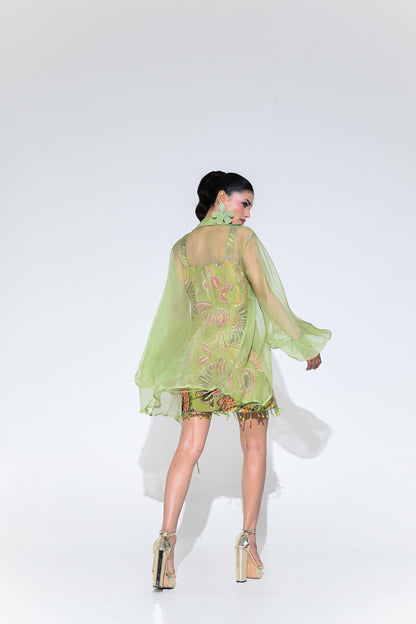 OLIVE EMBROIDERED DRESS WITH ORGANZA SHRUG