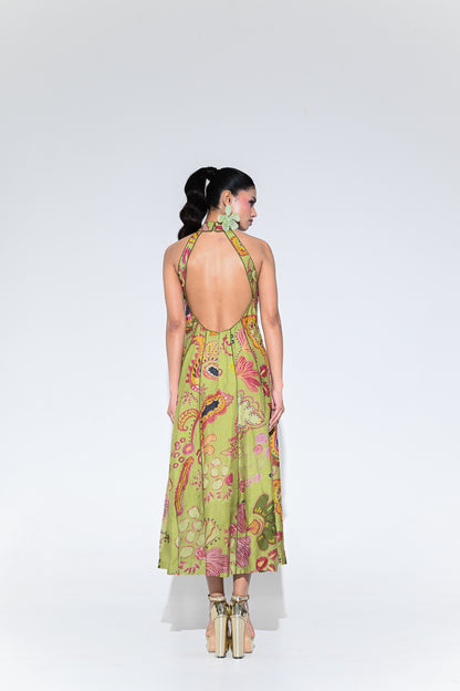 OLIVE BLOOM HALTER M IDI DRESS