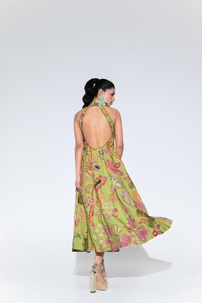 OLIVE BLOOM HALTER M IDI DRESS