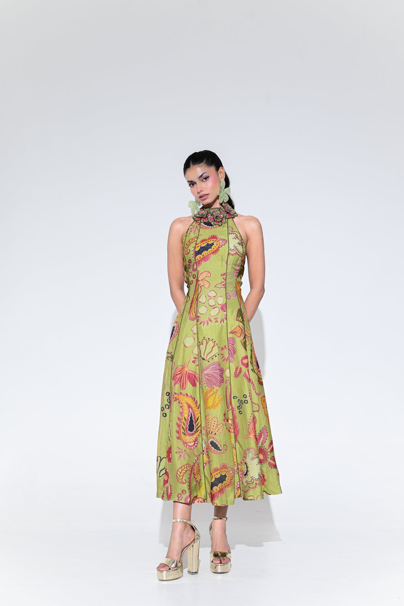OLIVE BLOOM HALTER M IDI DRESS
