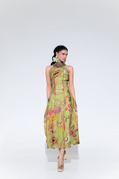 OLIVE BLOOM HALTER M IDI DRESS