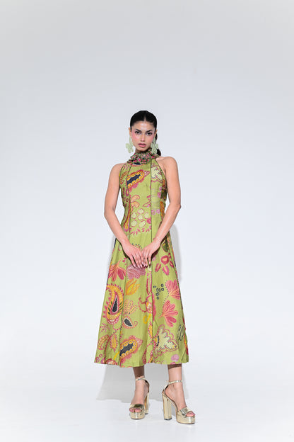OLIVE BLOOM HALTER M IDI DRESS
