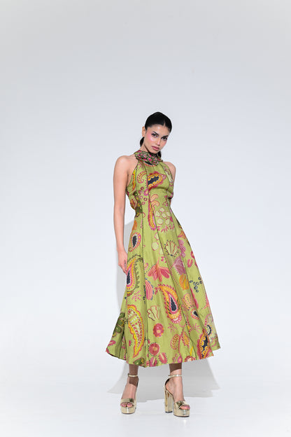 OLIVE BLOOM HALTER M IDI DRESS