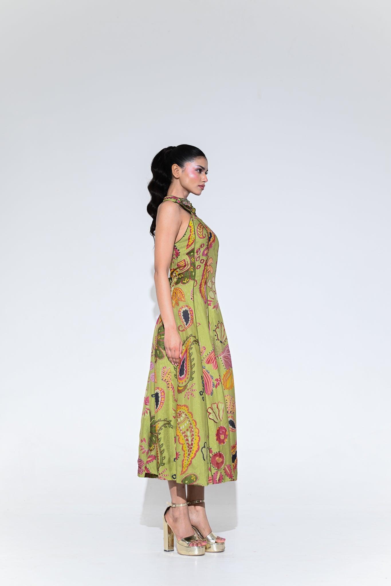 OLIVE BLOOM HALTER M IDI DRESS