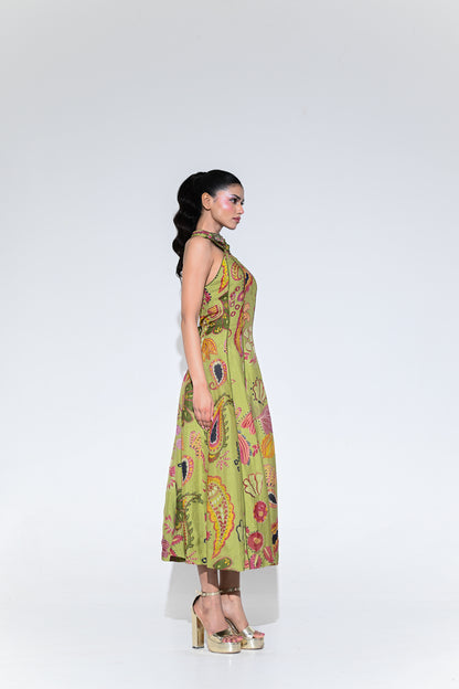 OLIVE BLOOM HALTER M IDI DRESS