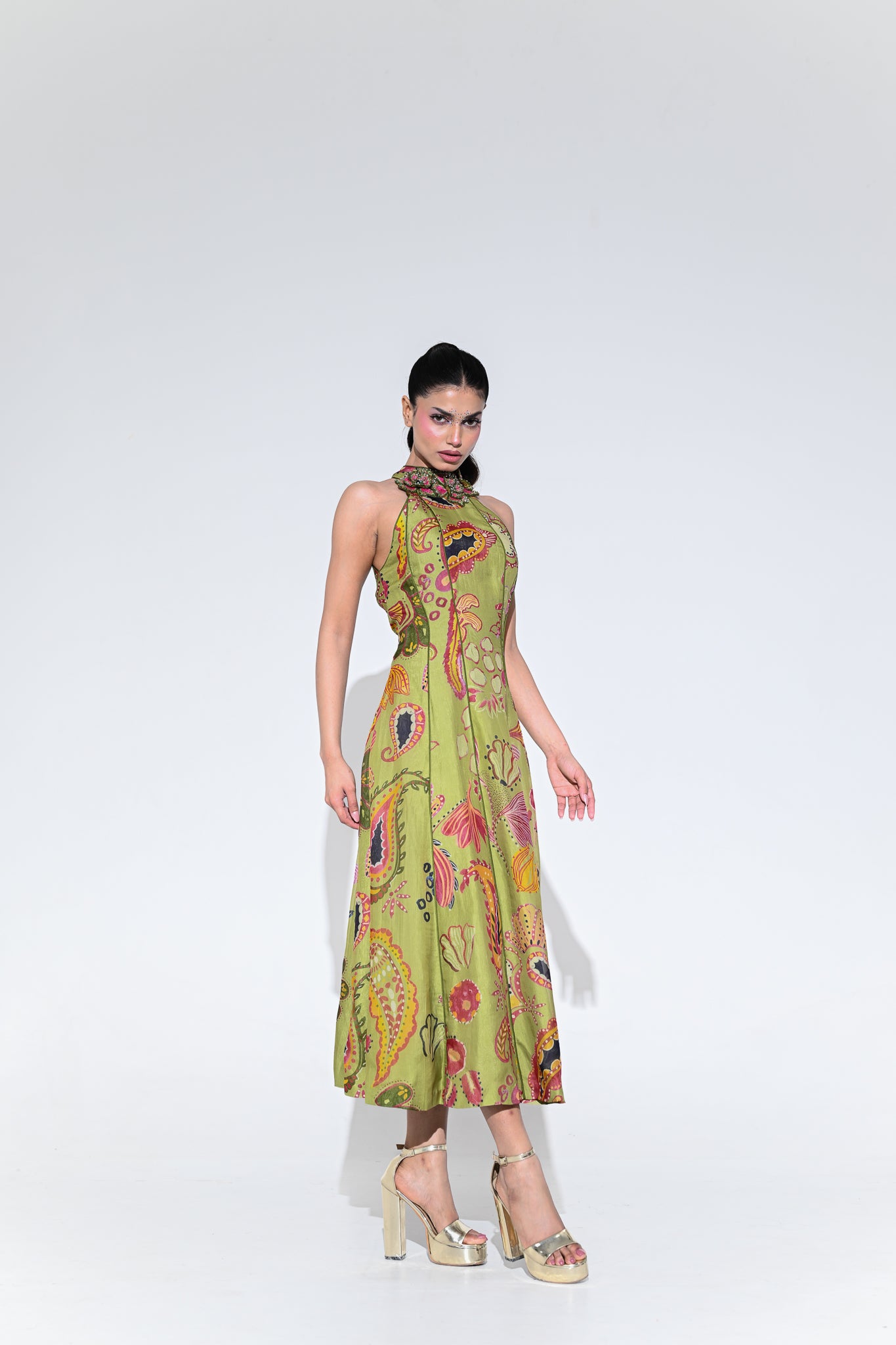 OLIVE BLOOM HALTER M IDI DRESS