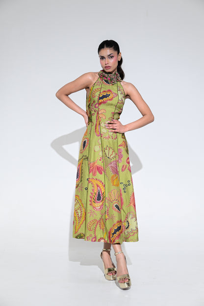 OLIVE BLOOM HALTER M IDI DRESS