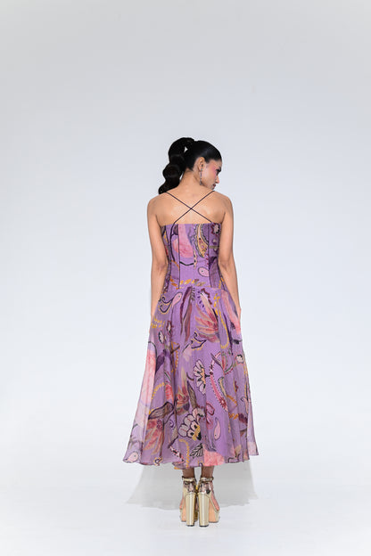 VIOLET BLOOM PURPLE CORSET MIDI DRESS