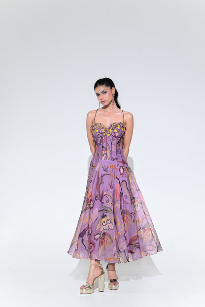 VIOLET BLOOM PURPLE CORSET MIDI DRESS