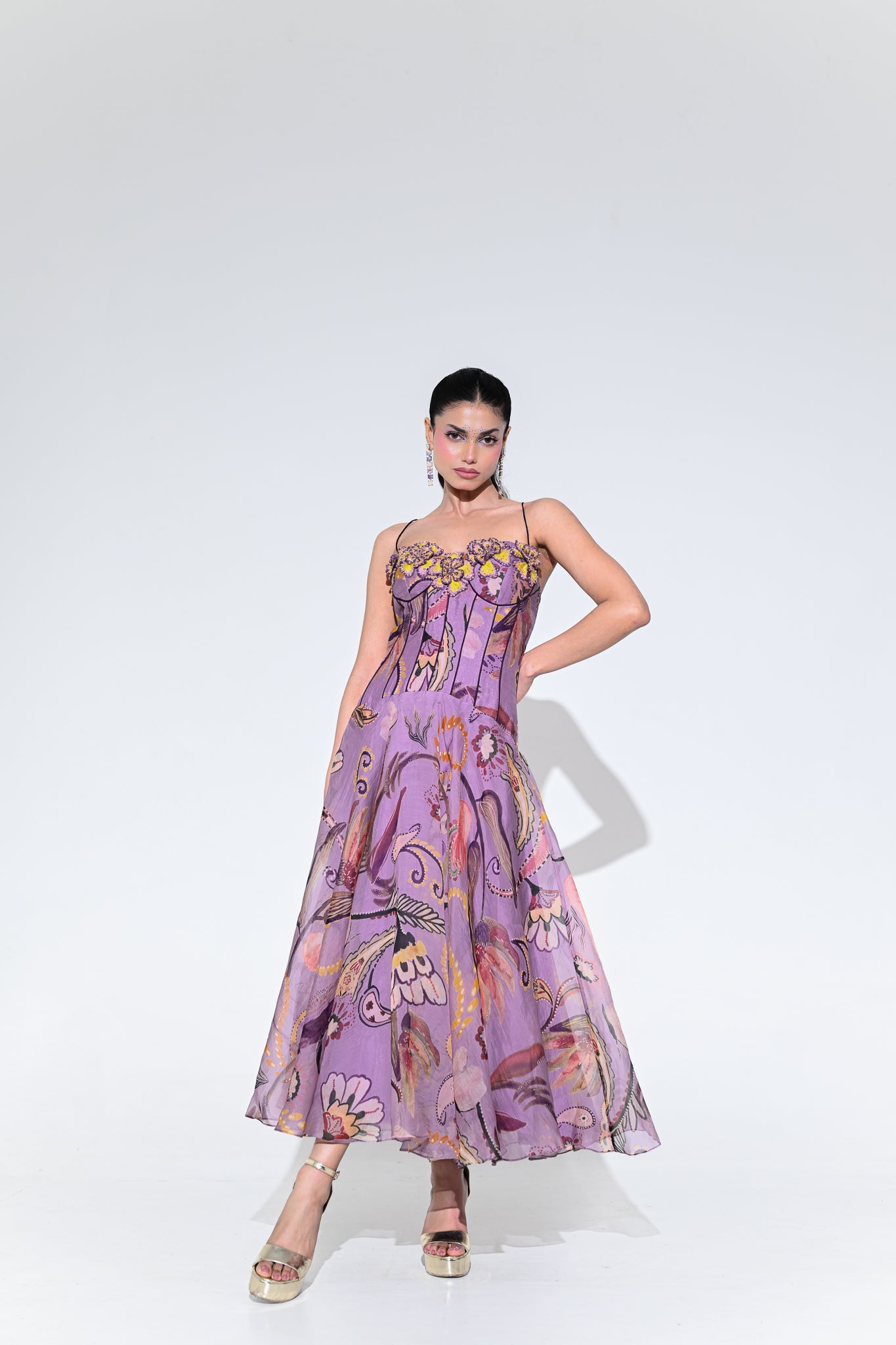 VIOLET BLOOM PURPLE CORSET MIDI DRESS