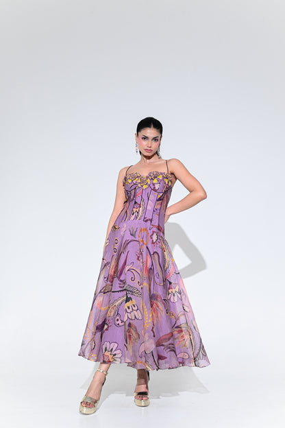 VIOLET BLOOM PURPLE CORSET MIDI DRESS