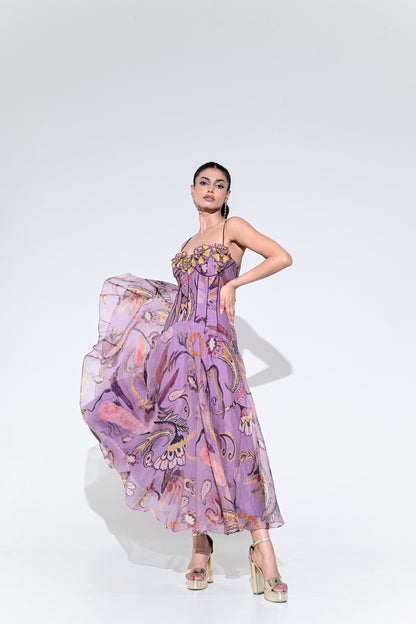 VIOLET BLOOM PURPLE CORSET MIDI DRESS