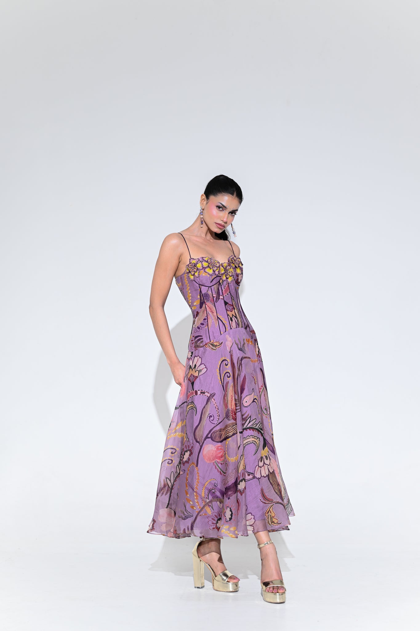 VIOLET BLOOM PURPLE CORSET MIDI DRESS