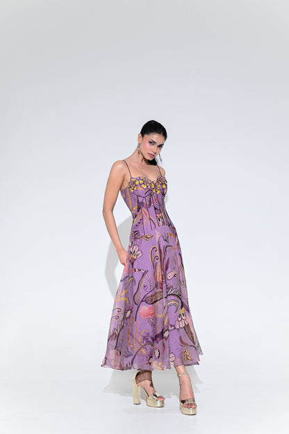VIOLET BLOOM PURPLE CORSET MIDI DRESS