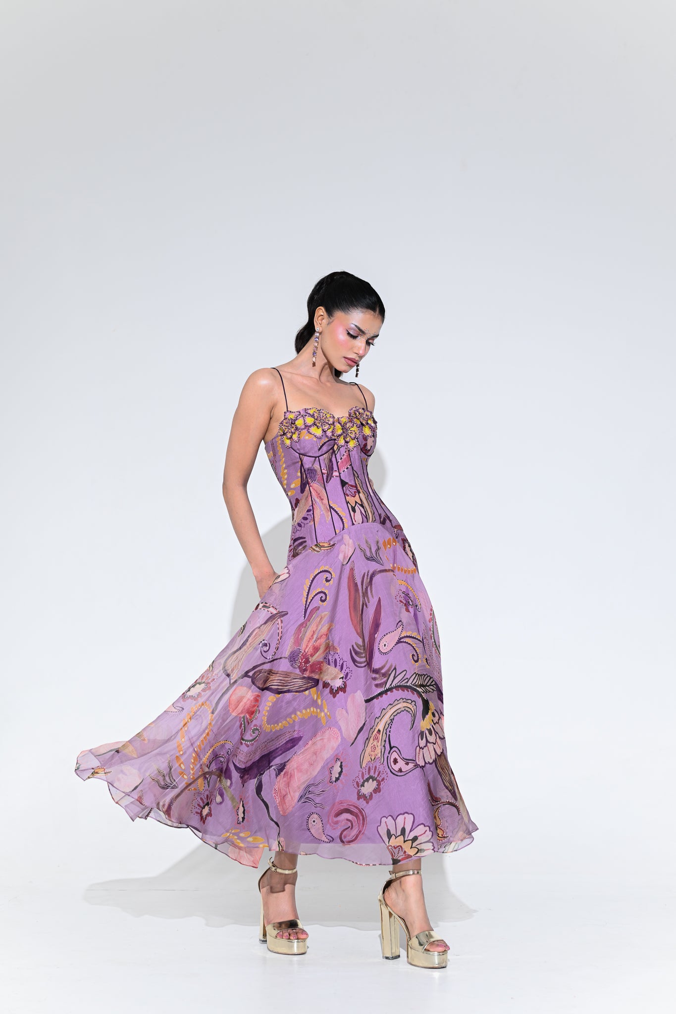VIOLET BLOOM PURPLE CORSET MIDI DRESS