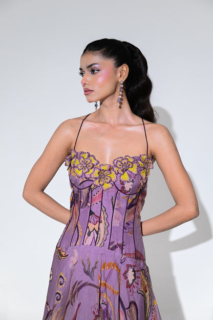 VIOLET BLOOM PURPLE CORSET MIDI DRESS