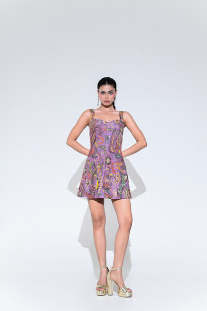 VIOLET BLOOM EMBROIDERED PANEL CORSET DRESS