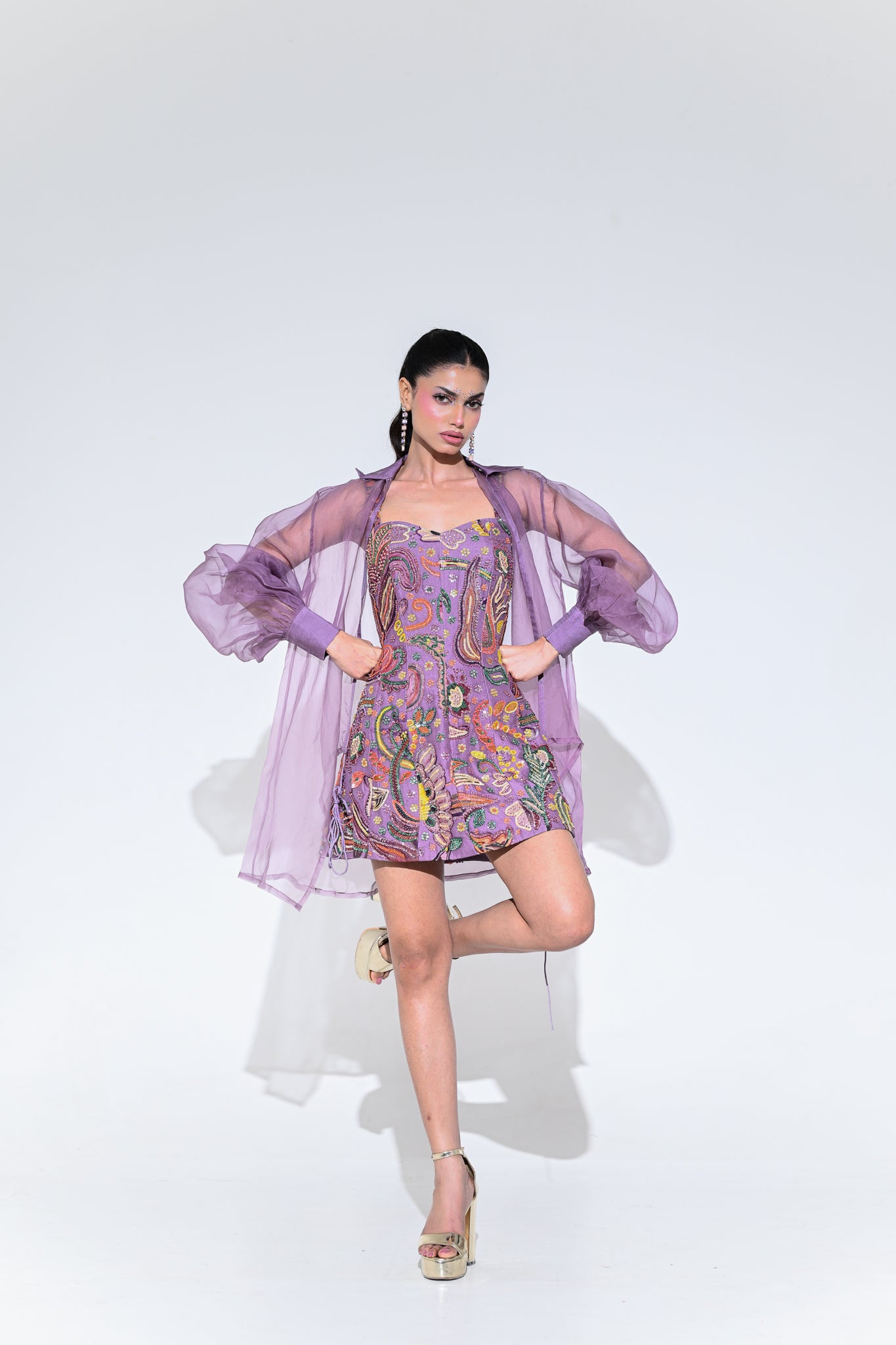VIOLET BLOOM PANEL EMBROIDERED DRESS WITH SHRUG