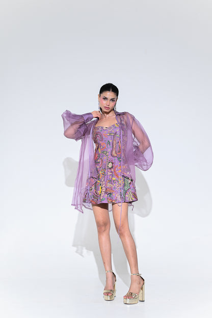 VIOLET BLOOM PANEL EMBROIDERED DRESS WITH SHRUG