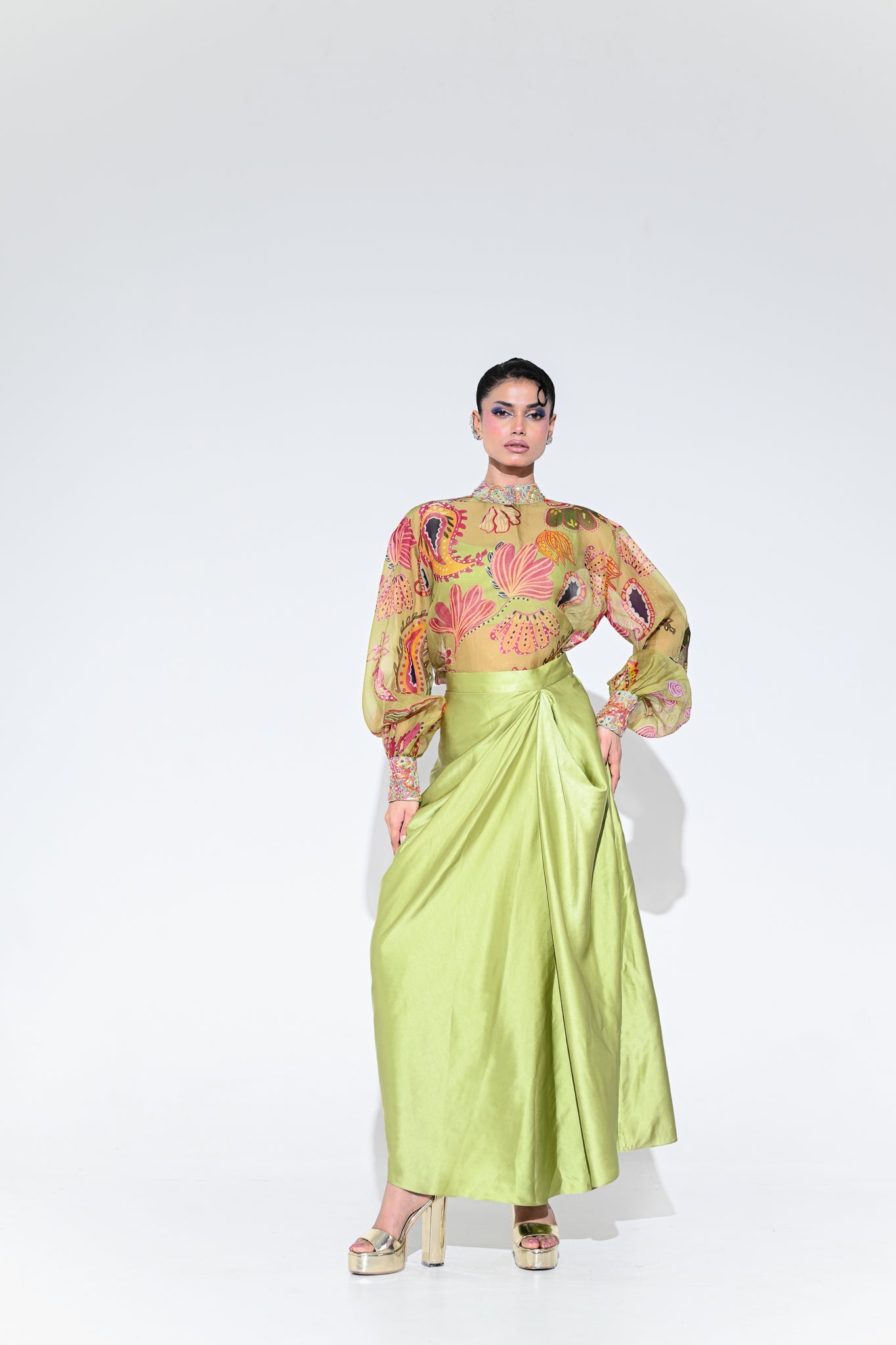 OLIVE BLOOM EMBROIDERE SHIRT SKIRT SET