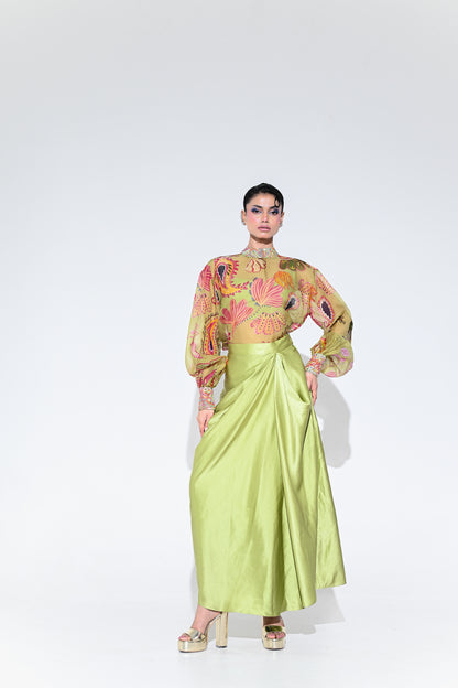 OLIVE BLOOM EMBROIDERE SHIRT SKIRT SET