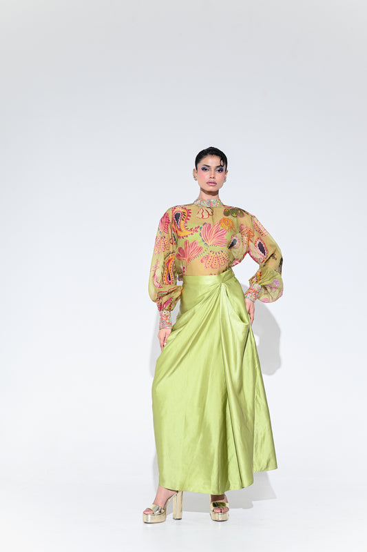OLIVE BLOOM EMBROIDERE SHIRT SKIRT SET