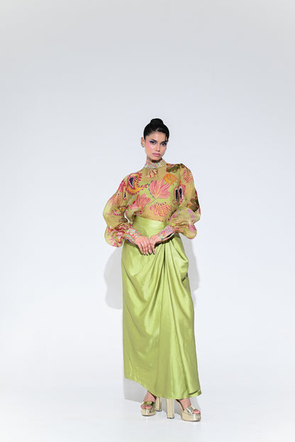 OLIVE BLOOM EMBROIDERE SHIRT SKIRT SET