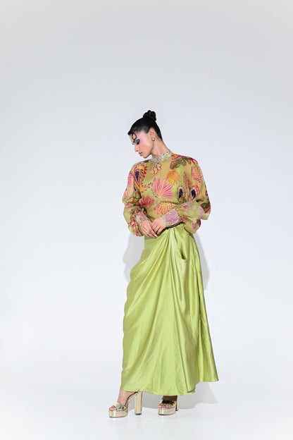 OLIVE BLOOM EMBROIDERE SHIRT SKIRT SET
