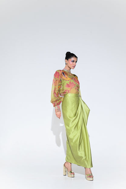 OLIVE BLOOM EMBROIDERE SHIRT SKIRT SET
