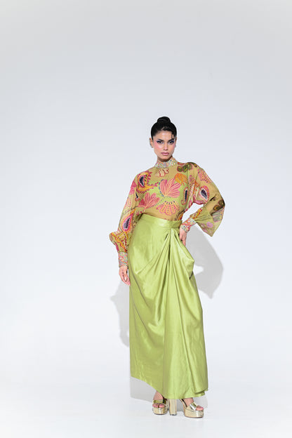 OLIVE BLOOM EMBROIDERE SHIRT SKIRT SET