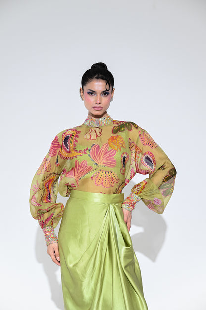 OLIVE BLOOM EMBROIDERE SHIRT SKIRT SET