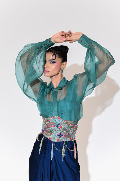 IRIS MIST CORSET BELT SHIRT SKIRT SET