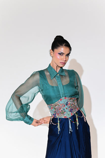 IRIS MIST CORSET BELT SHIRT SKIRT SET