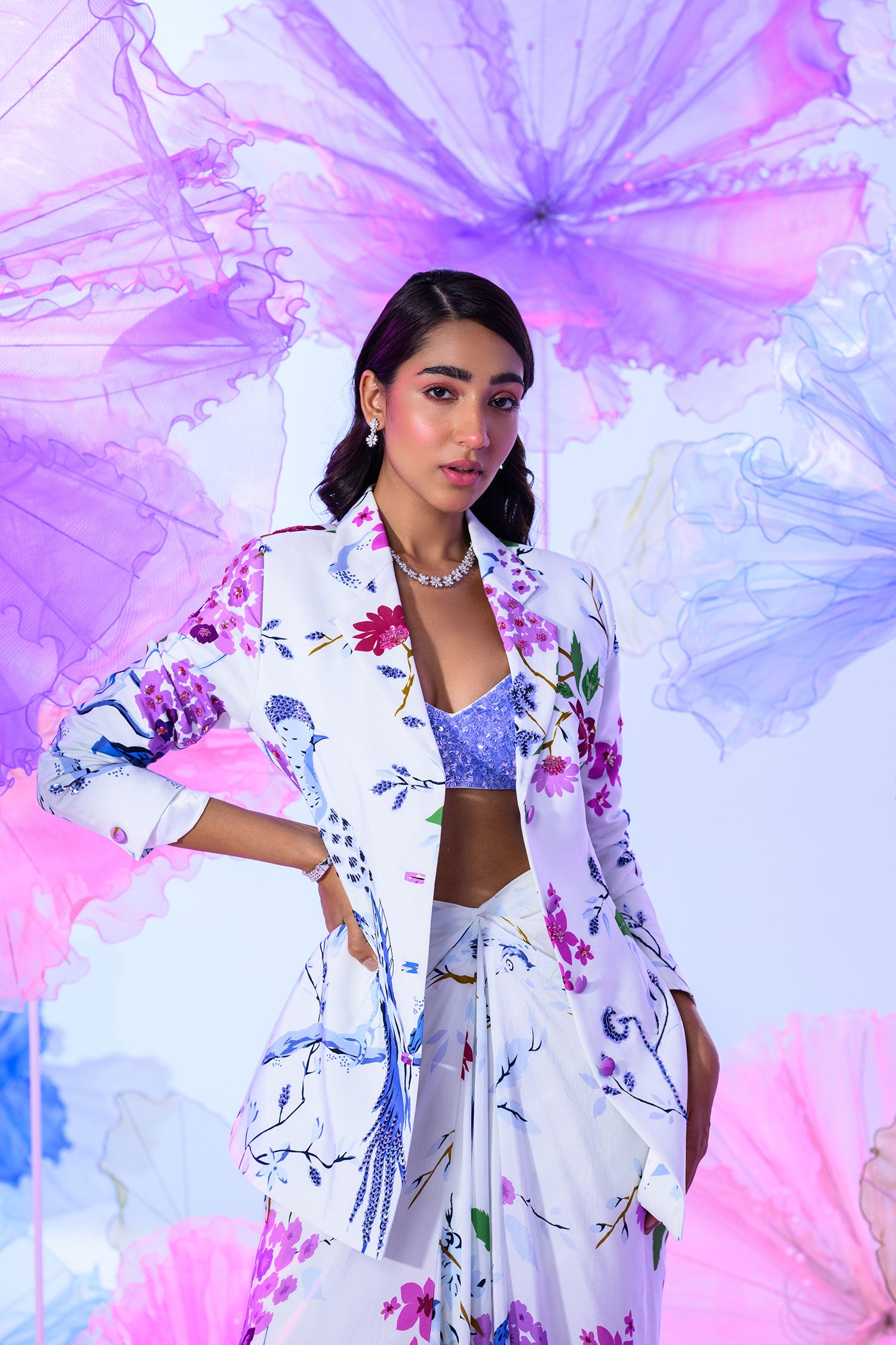 our bloom print dhoti blazer with sequin bralette