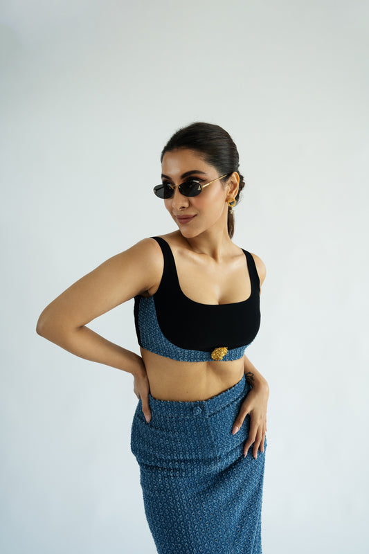 Lion Bralette with Dotted Denim Skirt