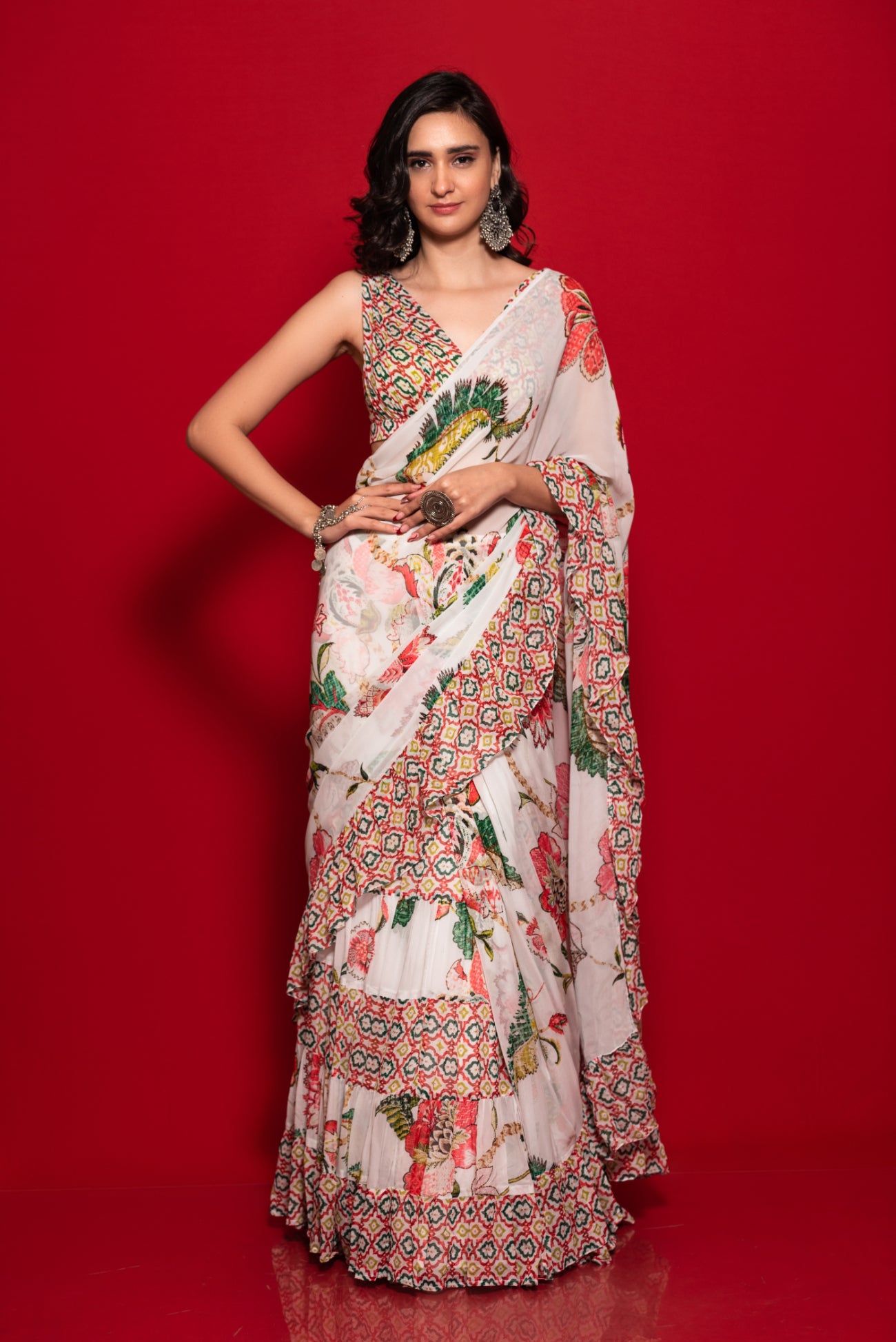 Ruffle Saree With Overall Print Blouse