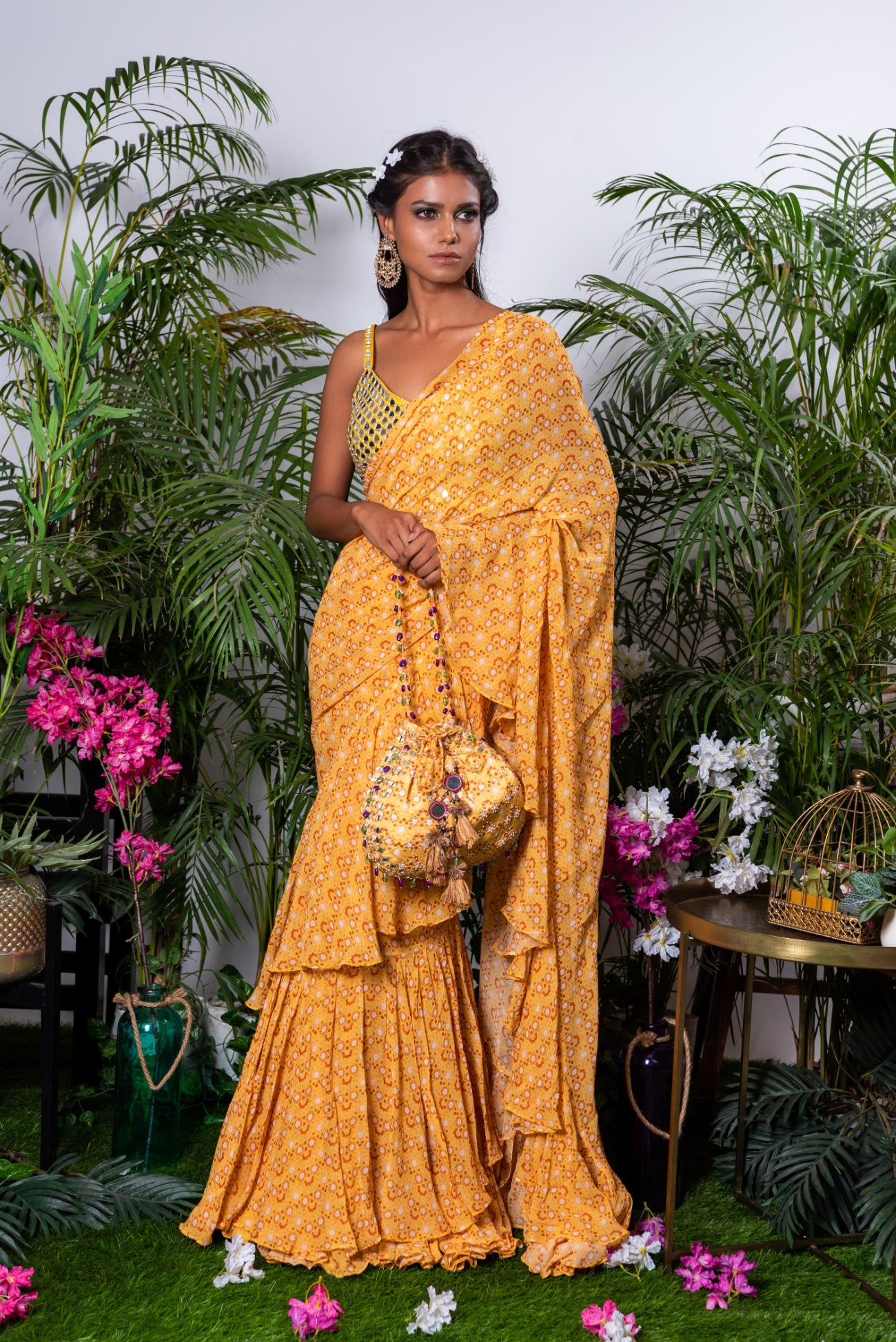 Ruffle Saree Paired With (Ruched Back) in Yellow Bagaan Print