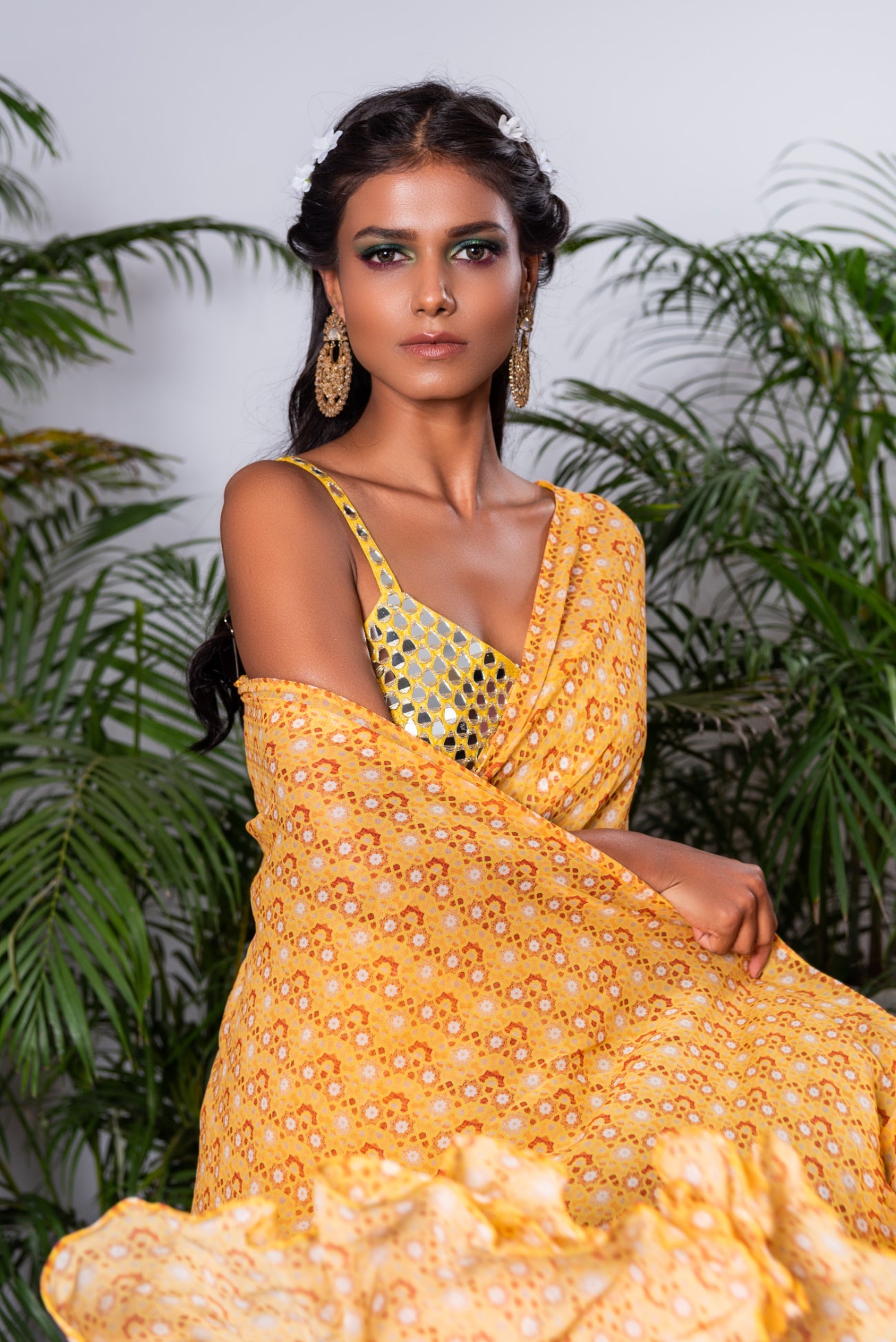 Ruffle Saree Paired With (Ruched Back) in Yellow Bagaan Print