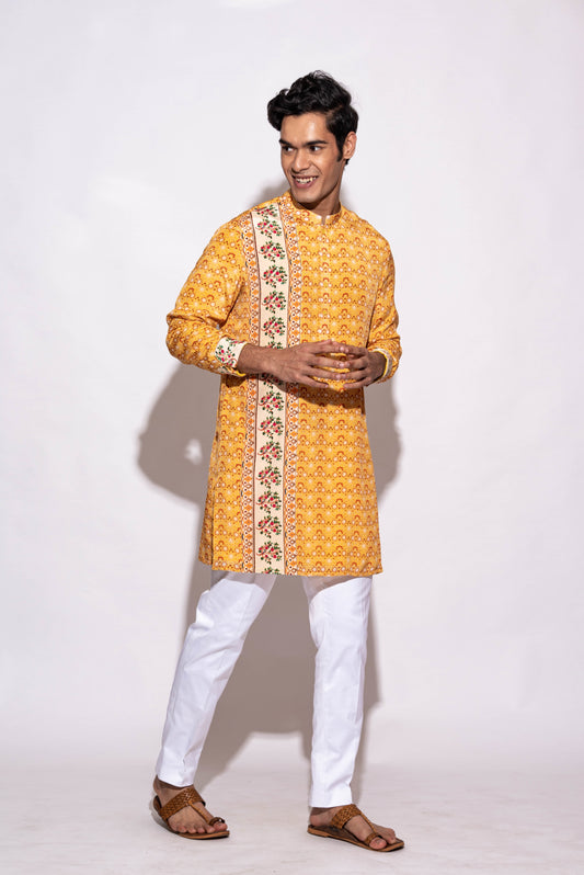 Mens Wear Yellow Overall Print Kurta