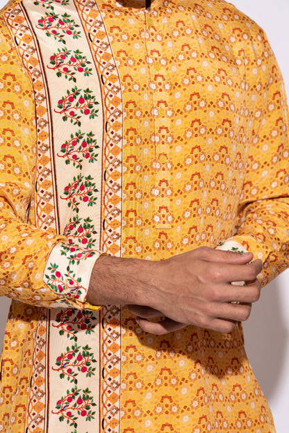 Mens Wear Yellow Overall Print Kurta