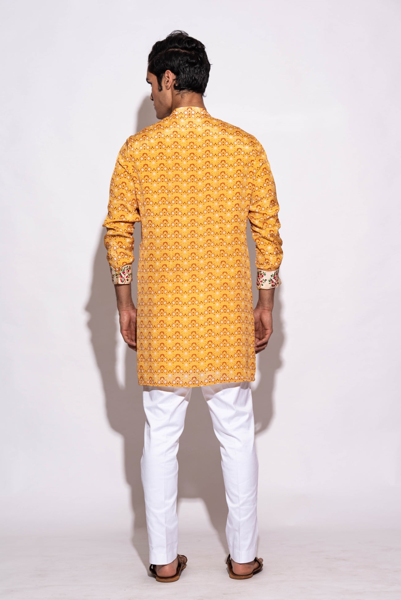 Mens Wear Yellow Overall Print Kurta