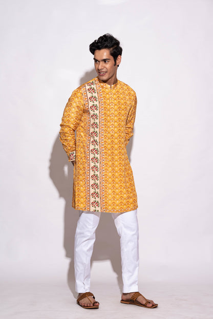 Mens Wear Yellow Overall Print Kurta