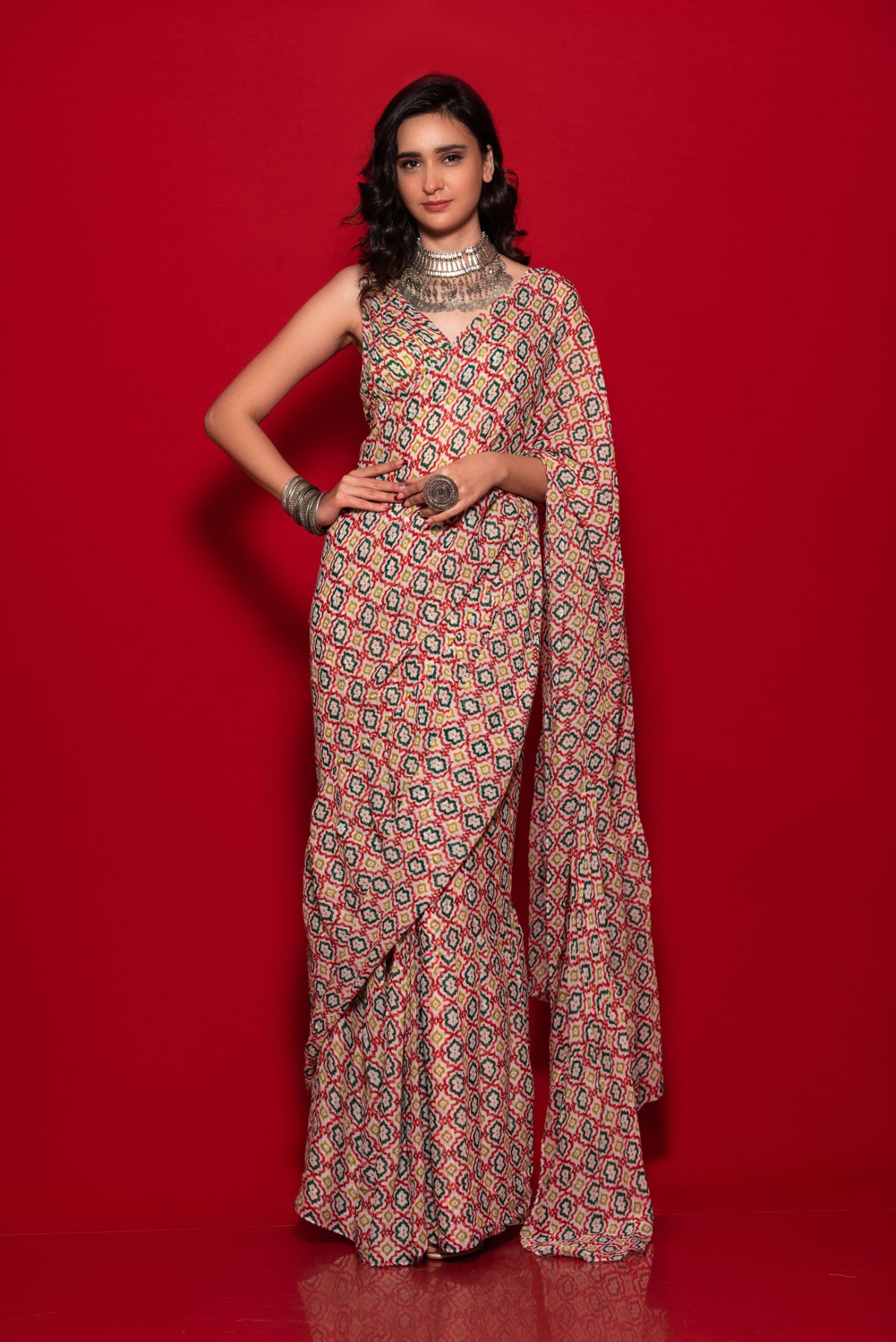 Overall Print Ruffle Saree With Printed Blouse
